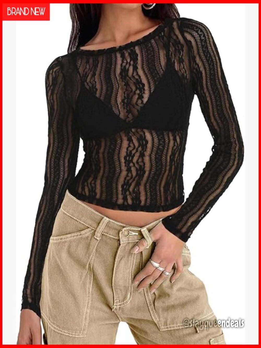 Long Sleeve Crewneck Lace Crop Top Mesh Back Cut Out Y2K Streetwear